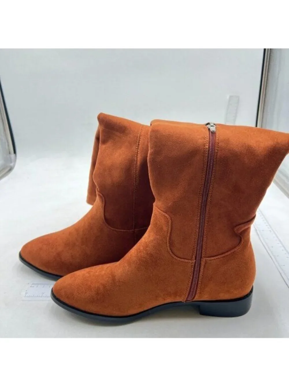 Pazzion Women Almond Toe Knee High Boots with Partial Zipper Stretchy Orange